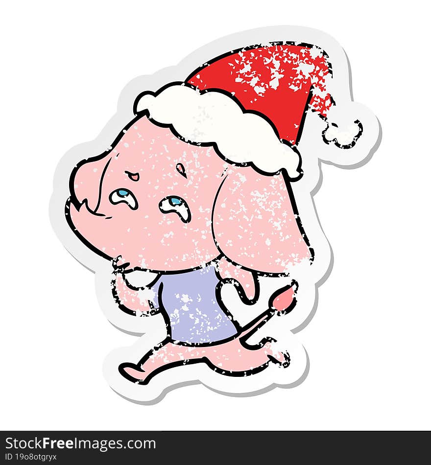 Distressed Sticker Cartoon Of A Elephant Remembering Wearing Santa Hat