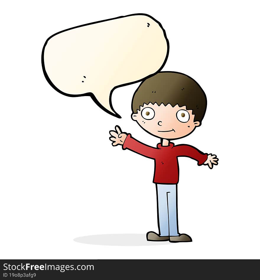 cartoon happy waving boy with speech bubble