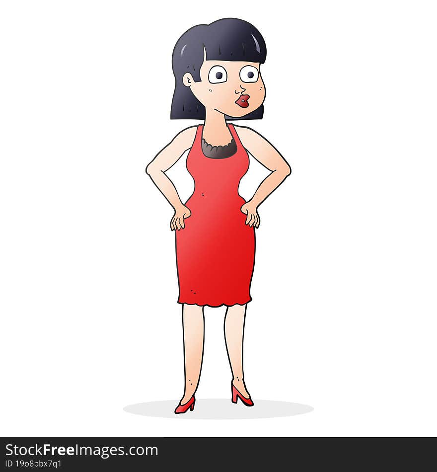 freehand drawn cartoon woman in dress with hands on hips