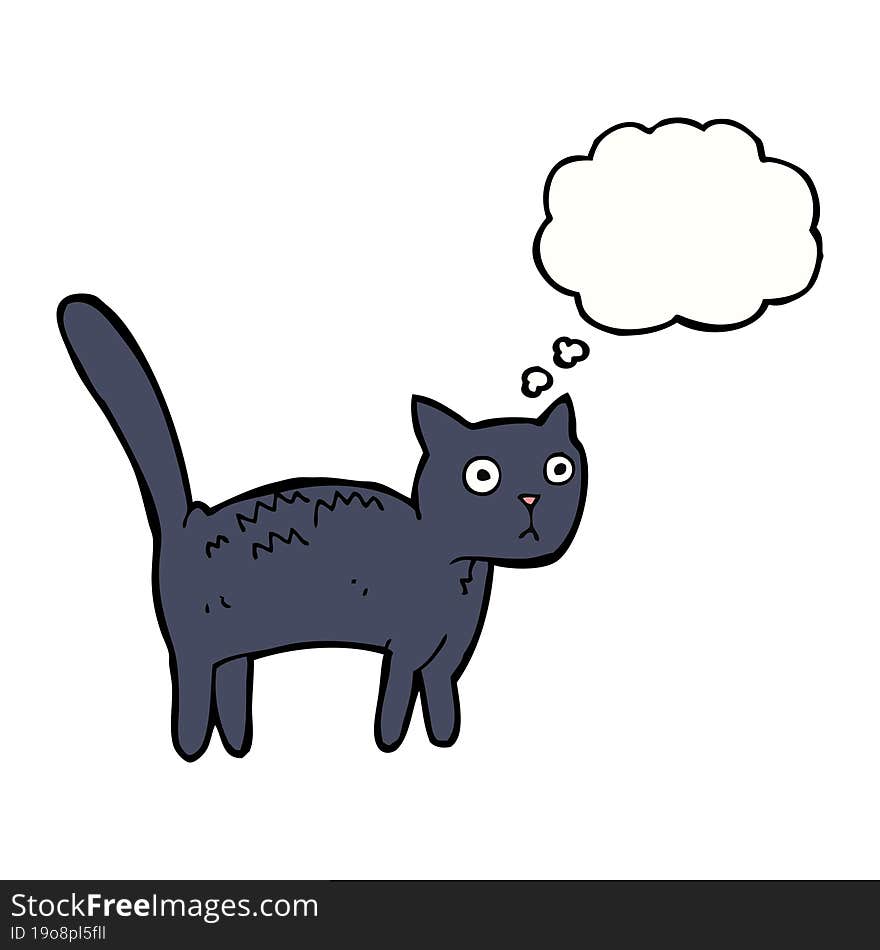 cartoon frightened cat with thought bubble