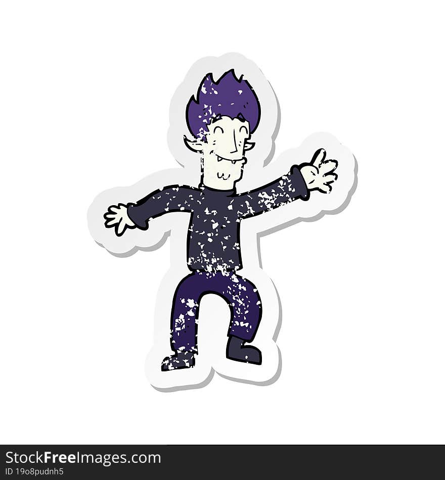 retro distressed sticker of a cartoon happy vampire man