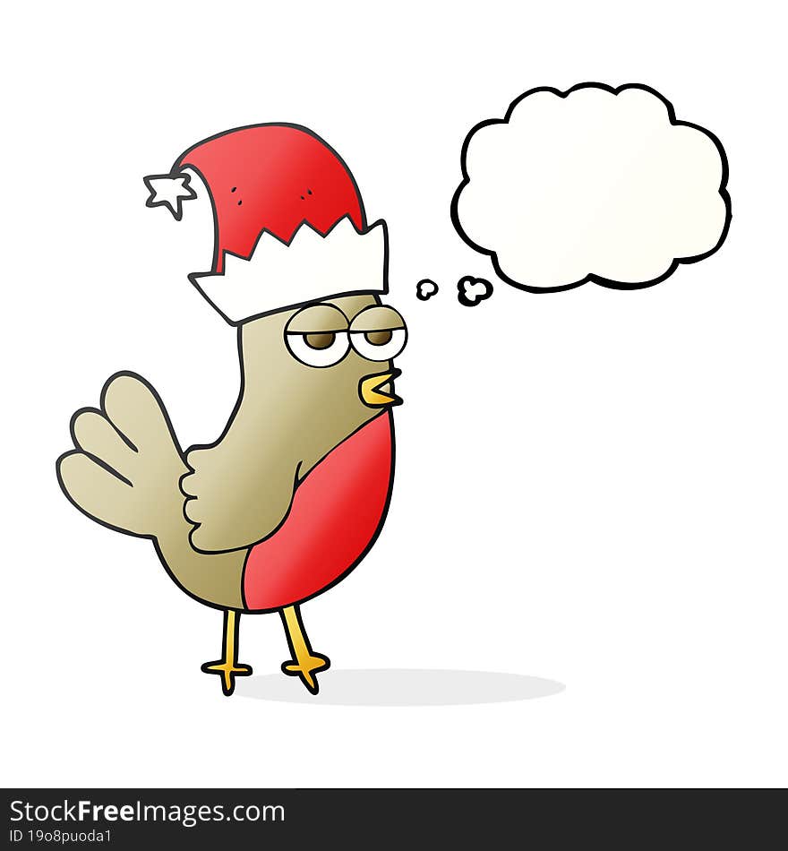 Thought Bubble Cartoon Robin In Christmas Hat