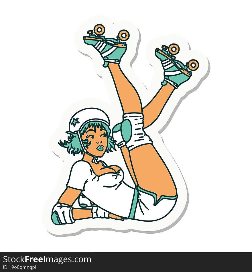 sticker of tattoo in traditional style of a pinup roller derby girl. sticker of tattoo in traditional style of a pinup roller derby girl