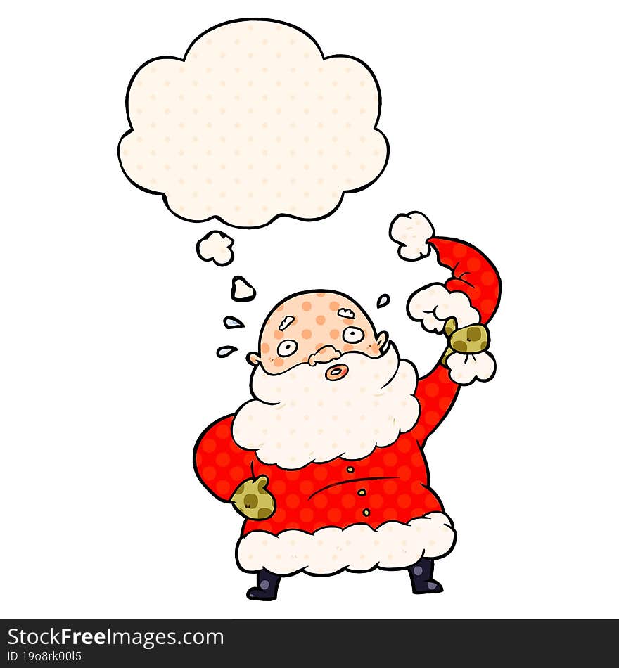 cartoon santa claus waving hat and thought bubble in comic book style