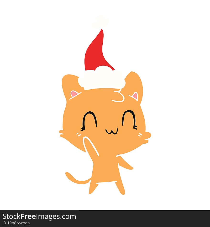 flat color illustration of a happy cat wearing santa hat