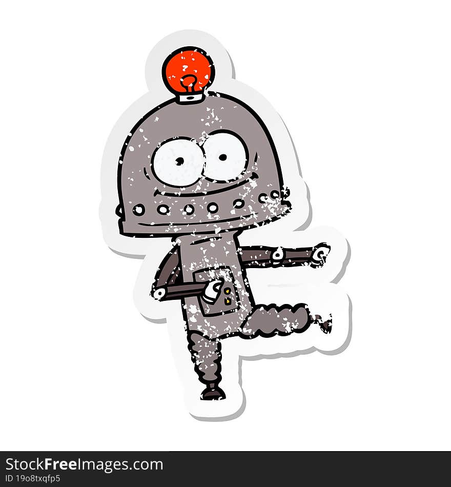 distressed sticker of a happy carton robot with light bulb