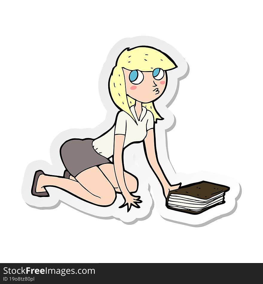 sticker of a cartoon girl picking up book