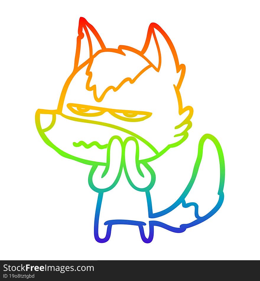 Rainbow Gradient Line Drawing Cartoon Annoyed Wolf