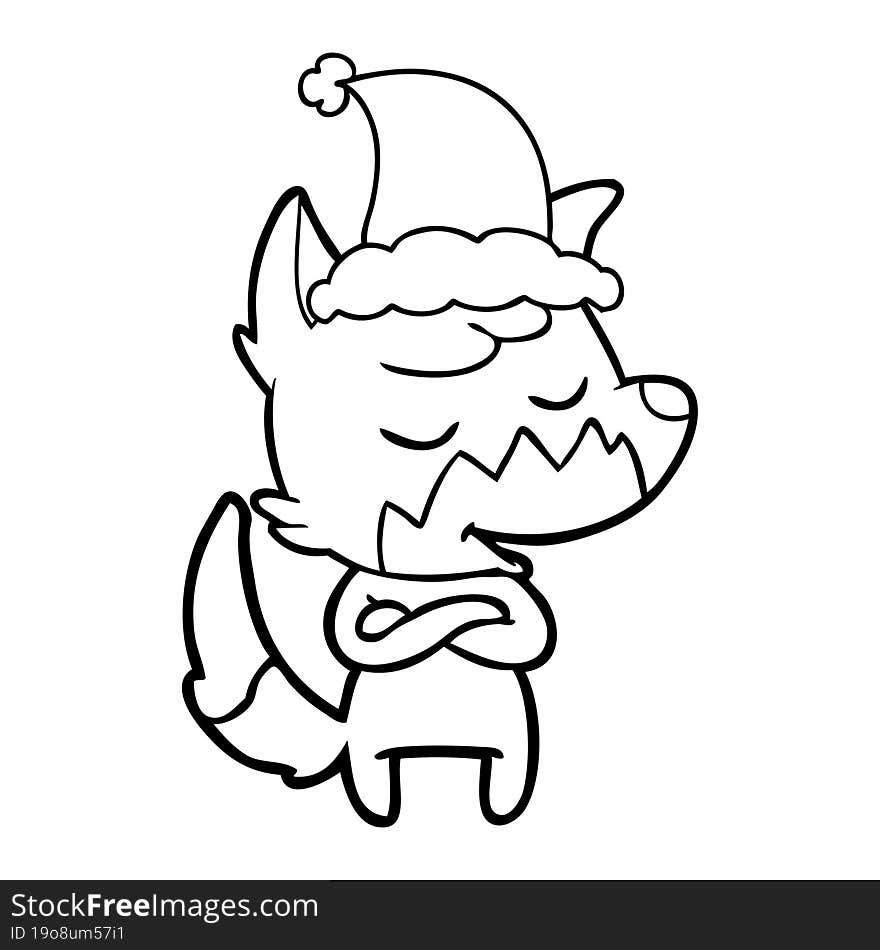 friendly line drawing of a fox wearing santa hat