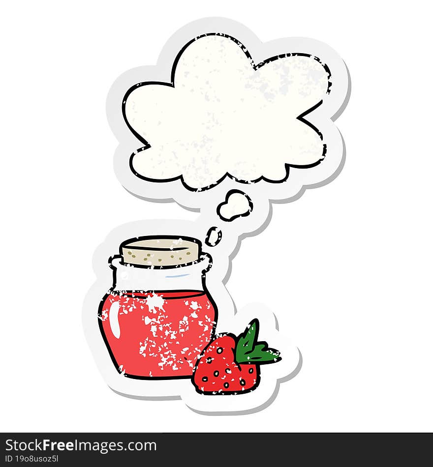 cartoon jam jar with thought bubble as a distressed worn sticker