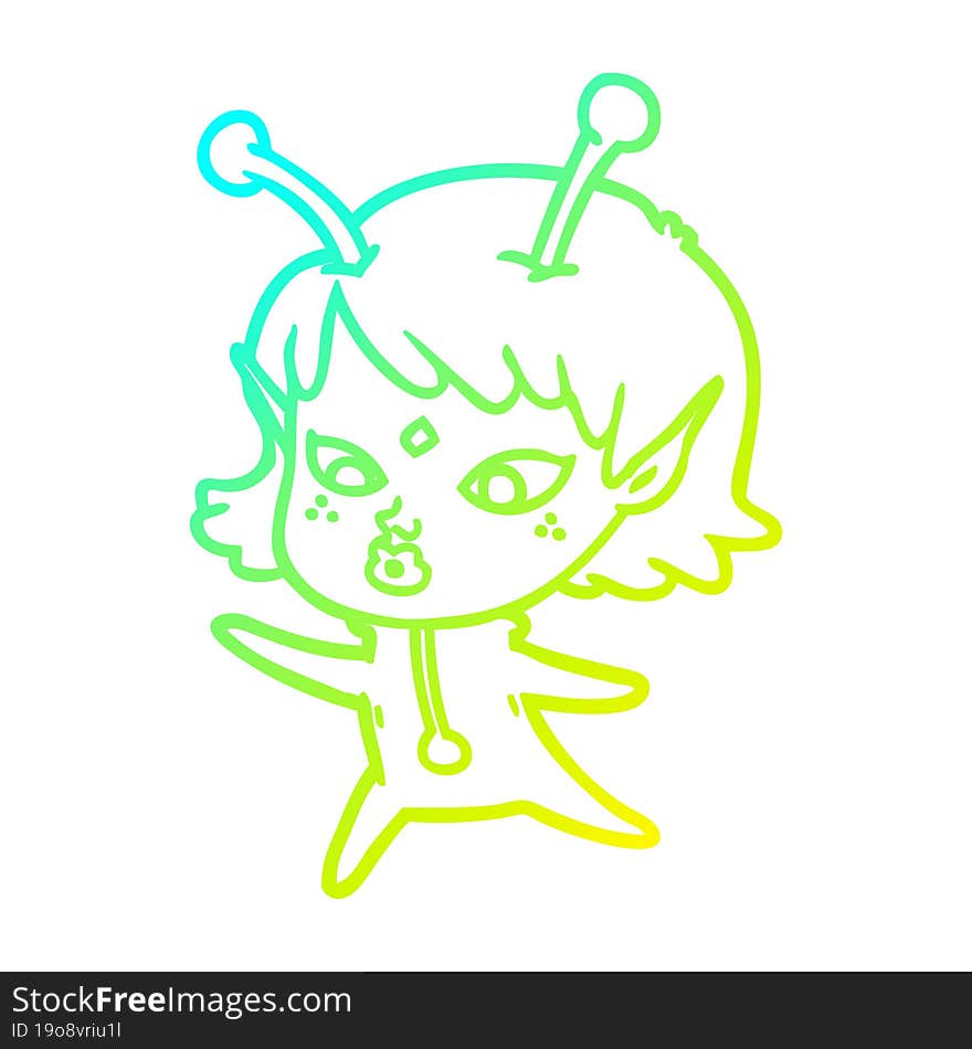 cold gradient line drawing pretty cartoon alien girl