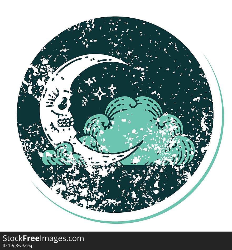 iconic distressed sticker tattoo style image of a skull crescent moon and clouds. iconic distressed sticker tattoo style image of a skull crescent moon and clouds