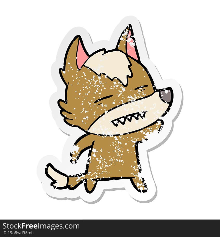 distressed sticker of a cartoon wolf waving showing teeth