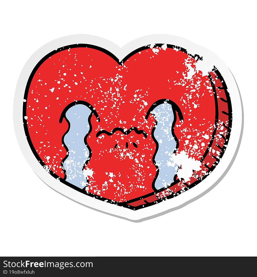 distressed sticker of a cartoon crying love heart