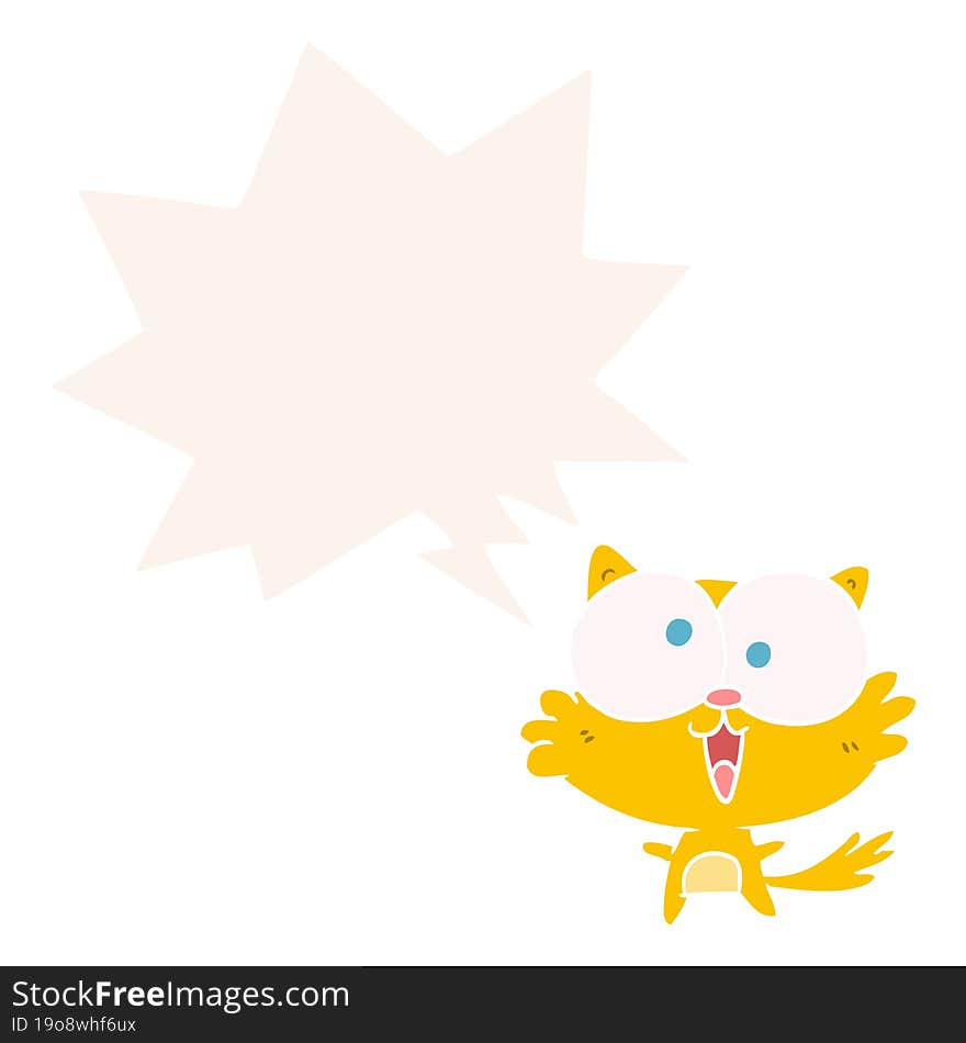 cute cartoon crazy cat with speech bubble in retro style