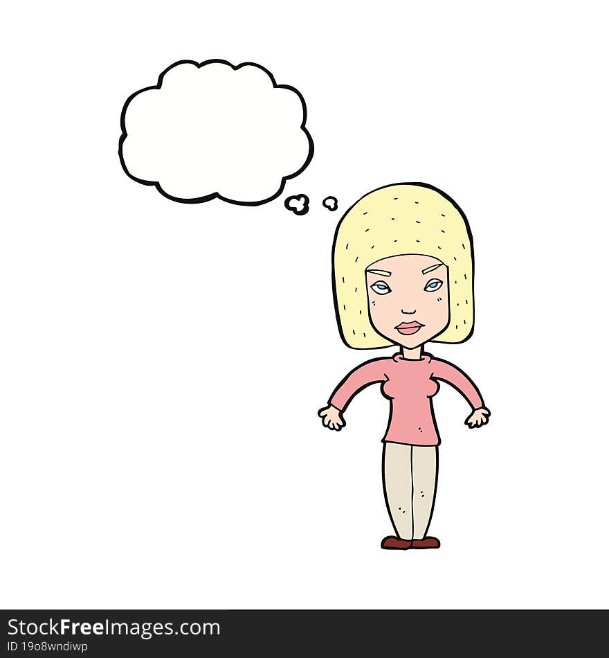 cartoon woman shrugging shoulders with thought bubble