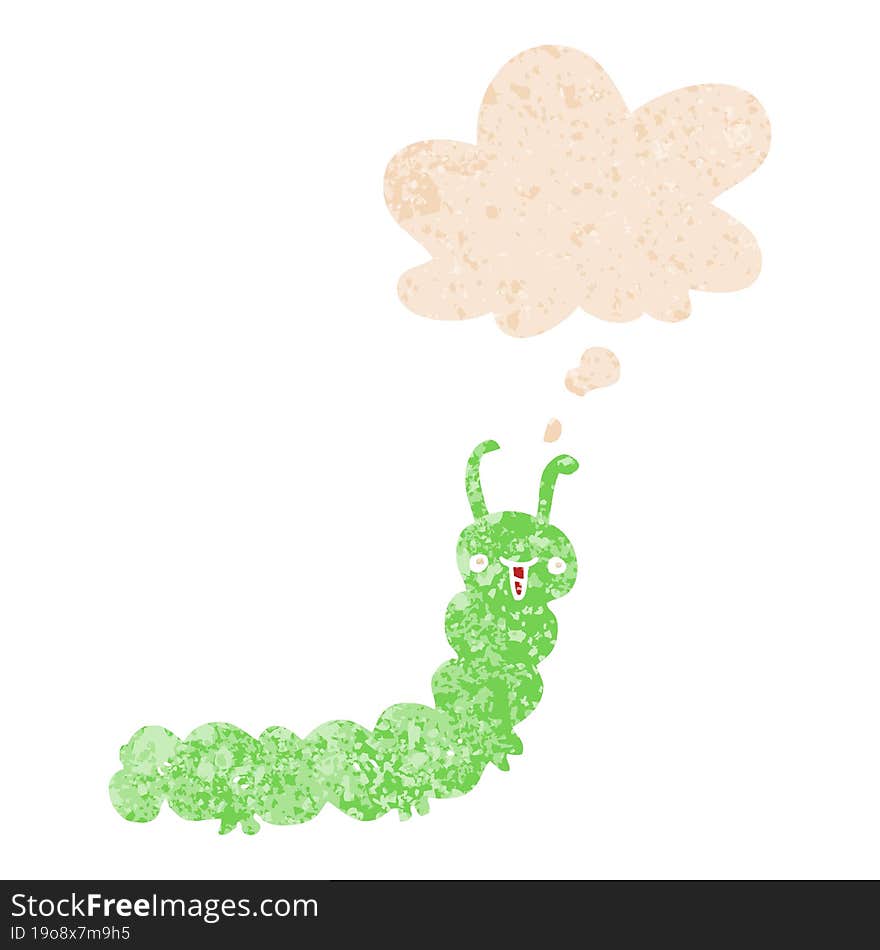 cartoon caterpillar and thought bubble in retro textured style