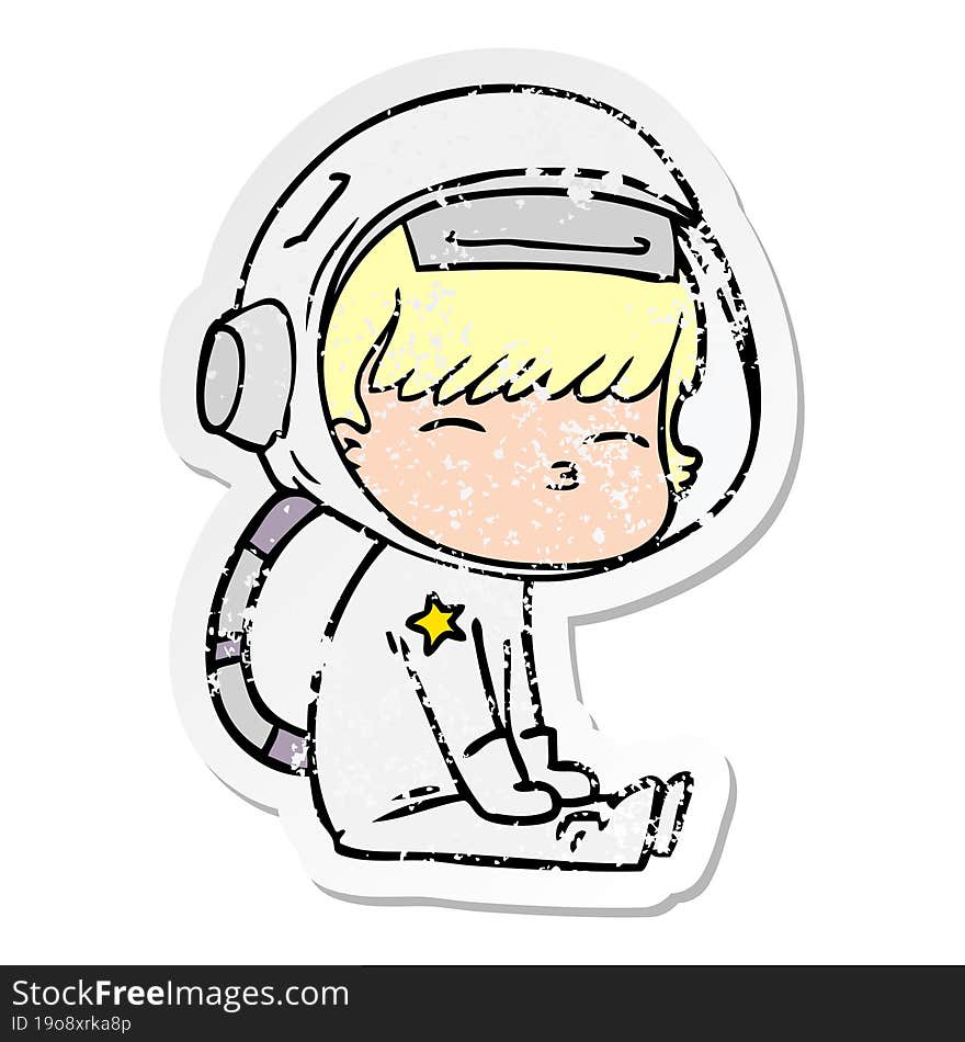 distressed sticker of a cartoon curious astronaut