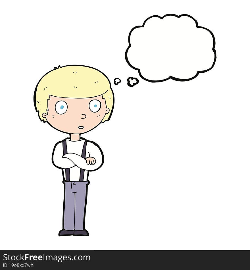 cartoon staring boy with folded arms with thought bubble