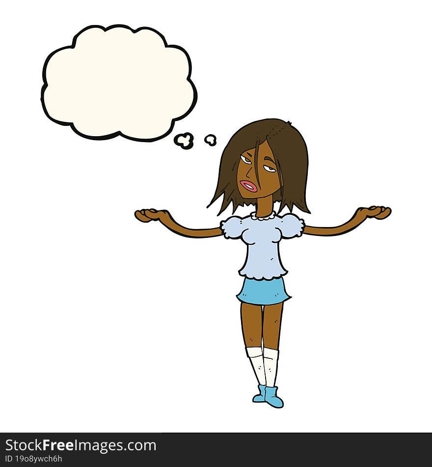 cartoon woman shrugging shoulders with thought bubble