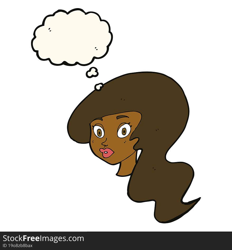 cartoon pretty female face with thought bubble