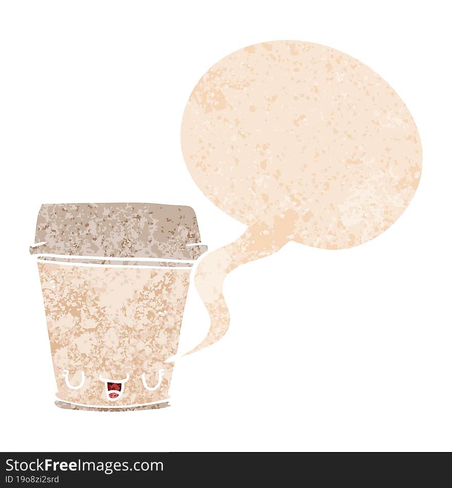 cartoon coffee cup and speech bubble in retro textured style