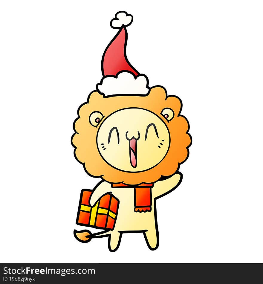 happy hand drawn gradient cartoon of a lion wearing santa hat. happy hand drawn gradient cartoon of a lion wearing santa hat