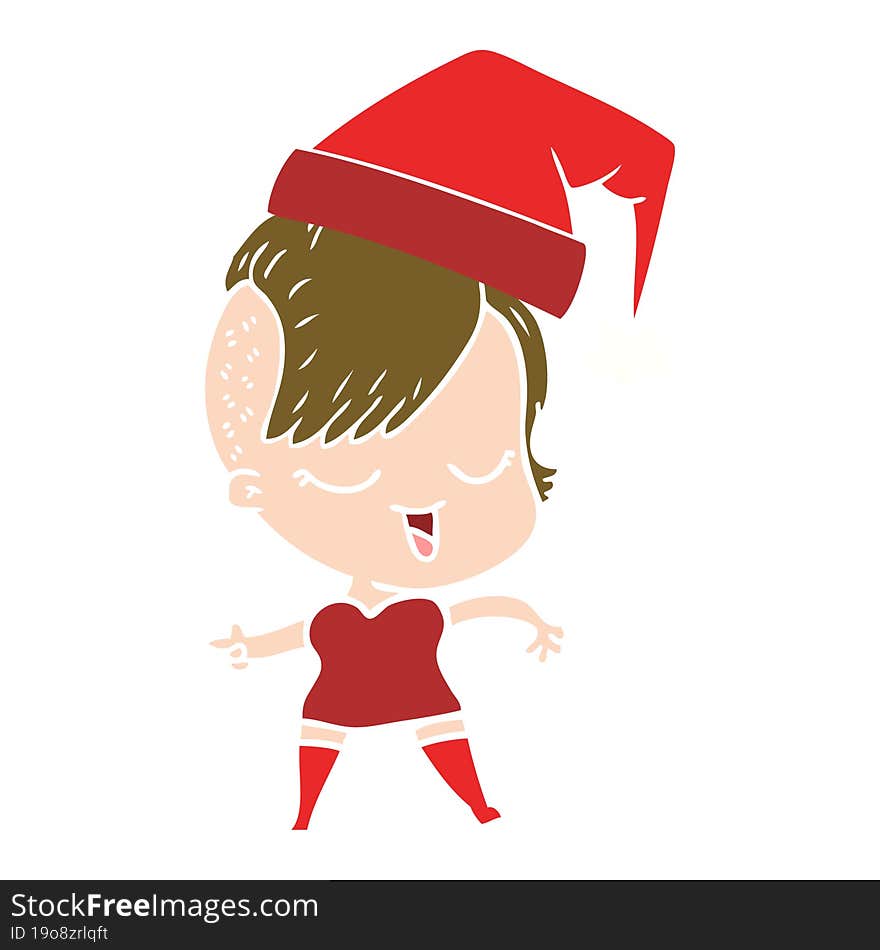 happy flat color style cartoon girl;wearing xmas hat