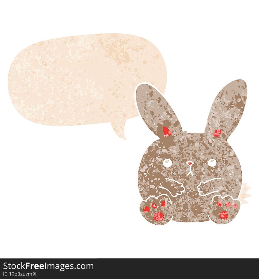 cartoon rabbit and speech bubble in retro textured style