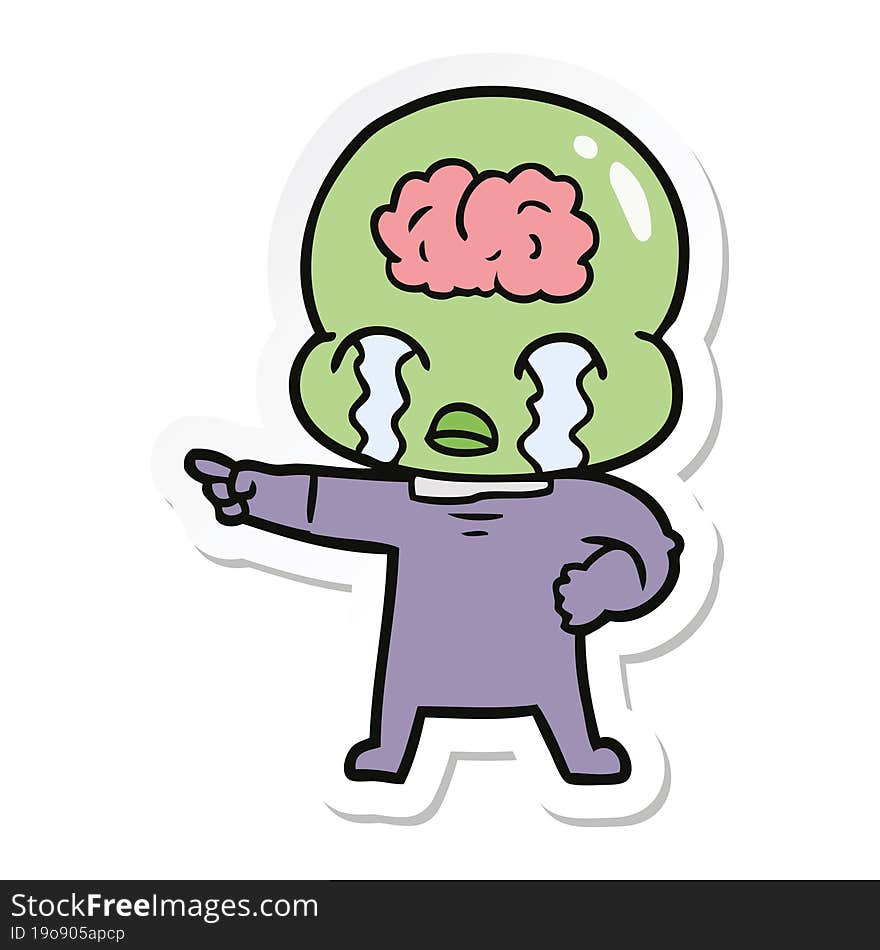 sticker of a cartoon big brain alien crying and pointing