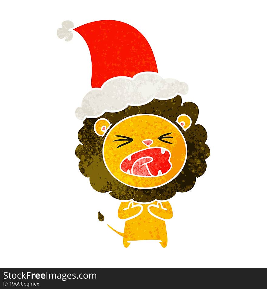 retro cartoon of a lion wearing santa hat