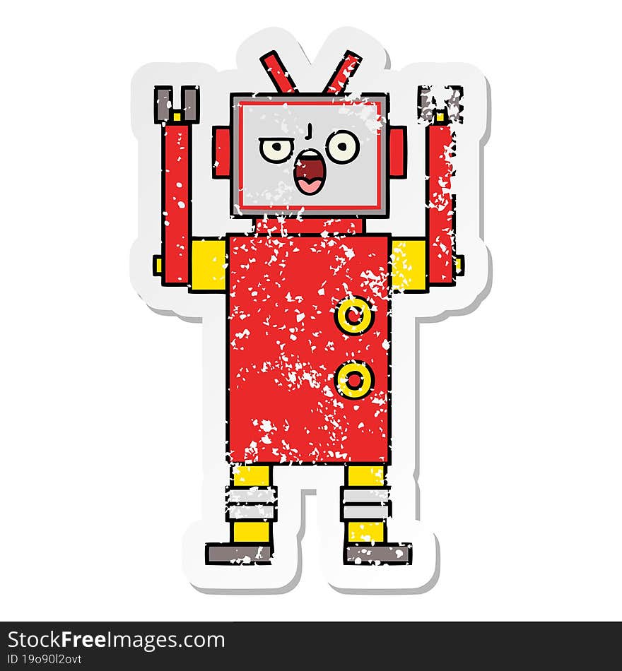 distressed sticker of a cute cartoon angry robot