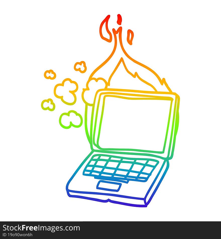 rainbow gradient line drawing of a cartoon broken laptop computer