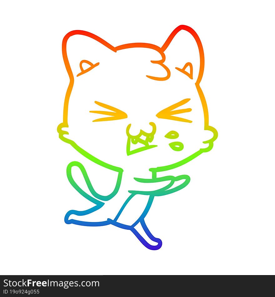 rainbow gradient line drawing of a cartoon cat hissing