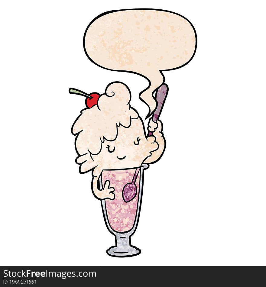 cartoon ice cream soda girl with speech bubble in retro texture style