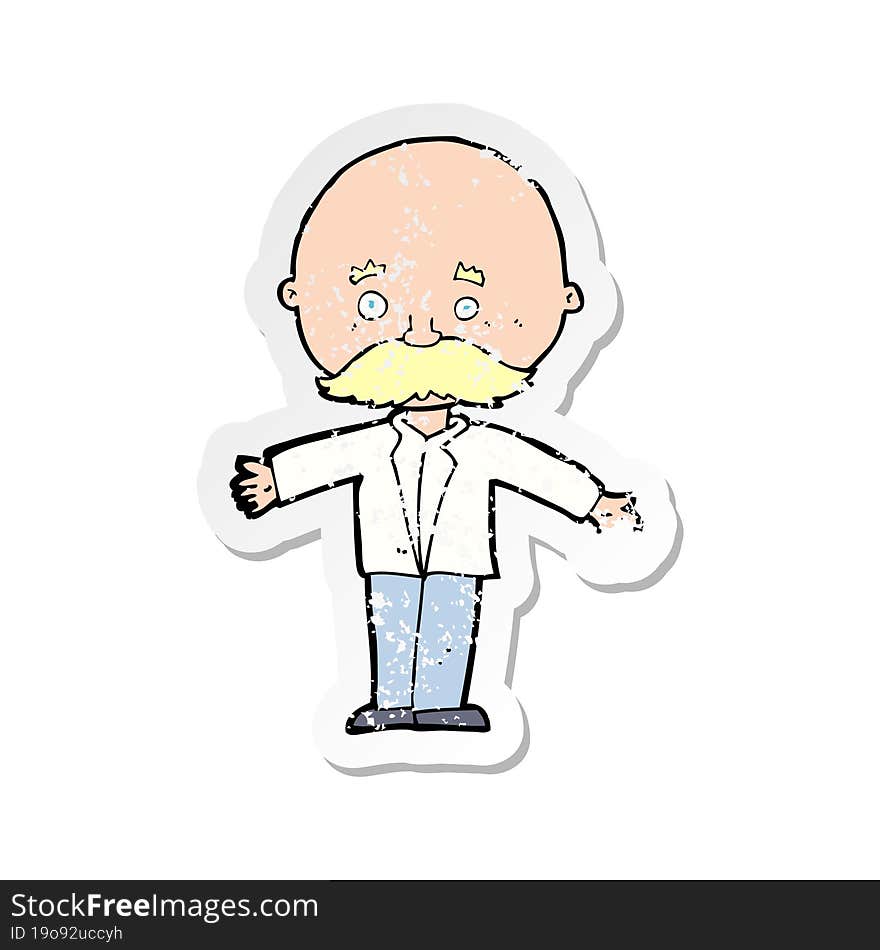 retro distressed sticker of a cartoon bald man with open arms