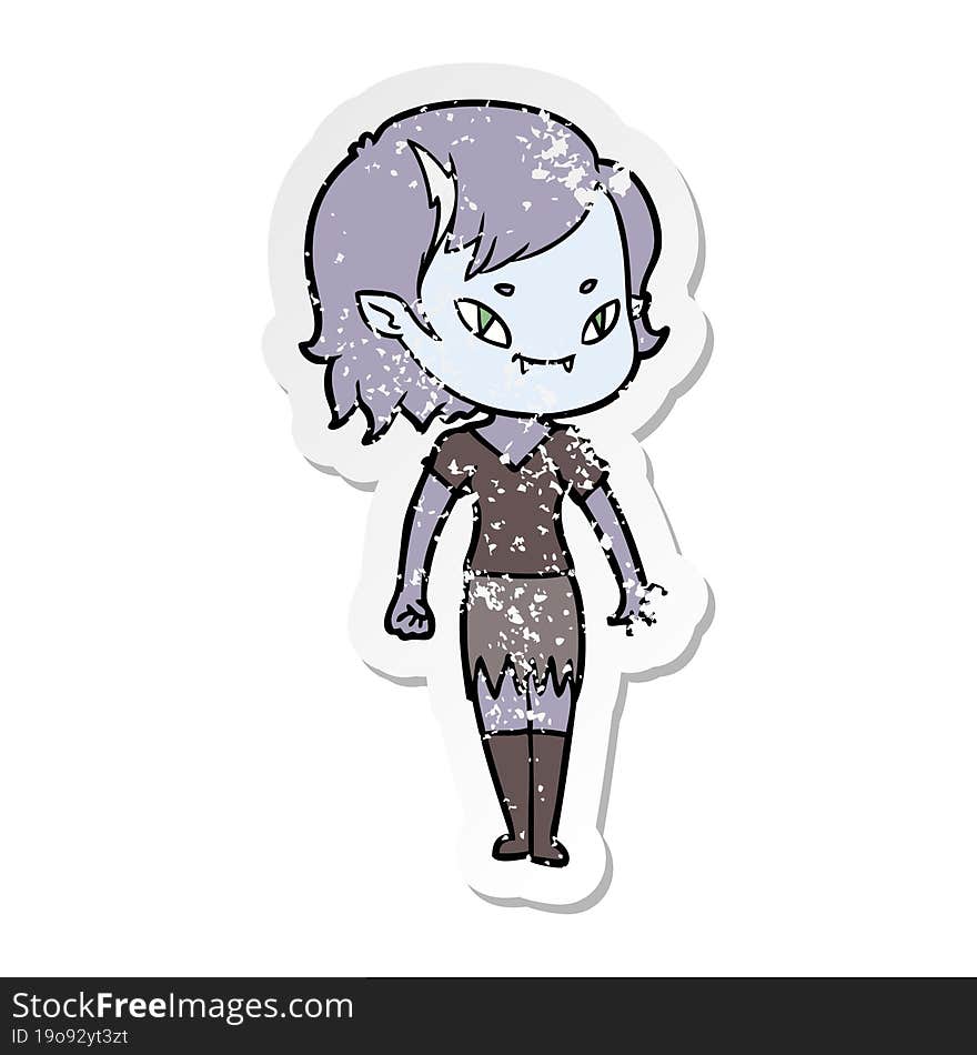 distressed sticker of a cartoon friendly vampire girl