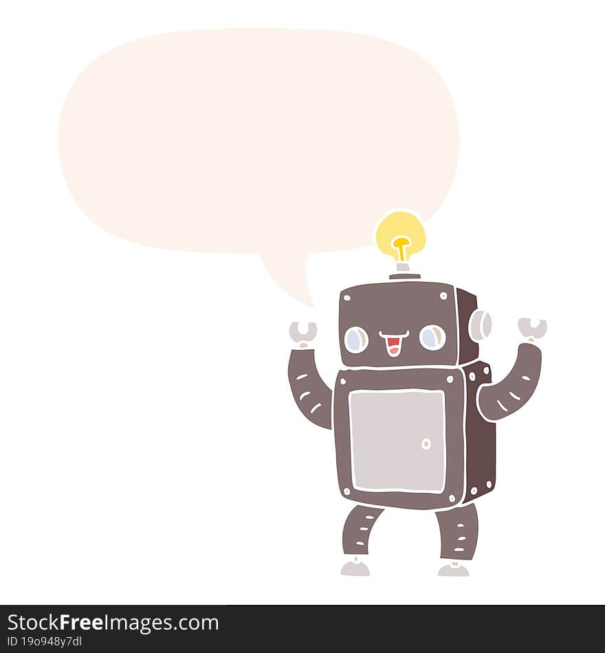 cartoon happy robot with speech bubble in retro style