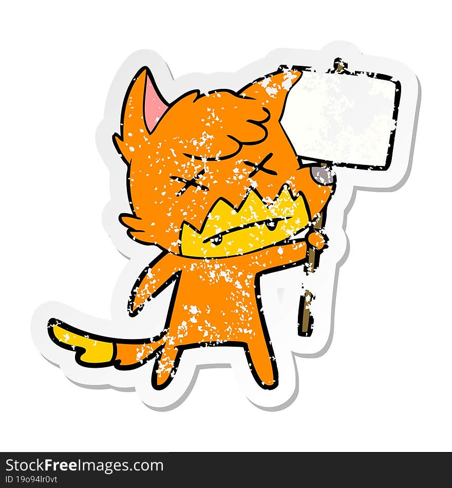 distressed sticker of a cartoon dead fox with protest sign