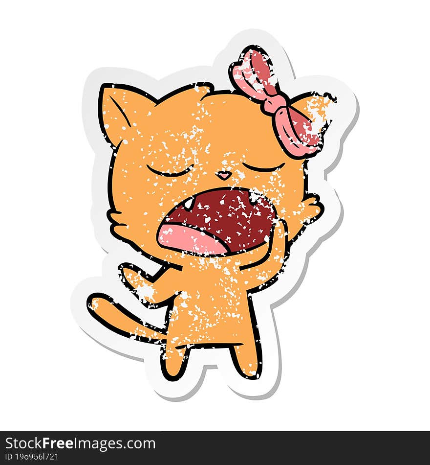 distressed sticker of a cartoon yawning cat