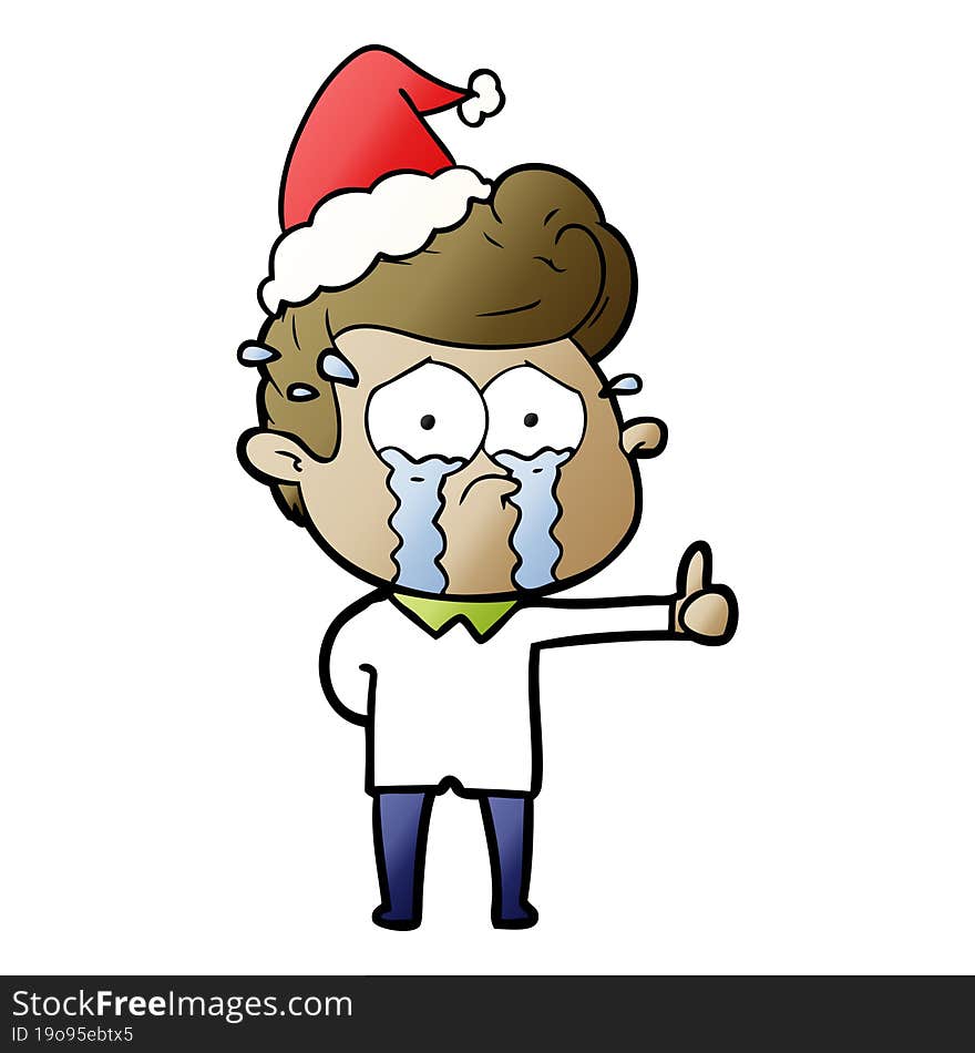 hand drawn gradient cartoon of a crying man wearing santa hat