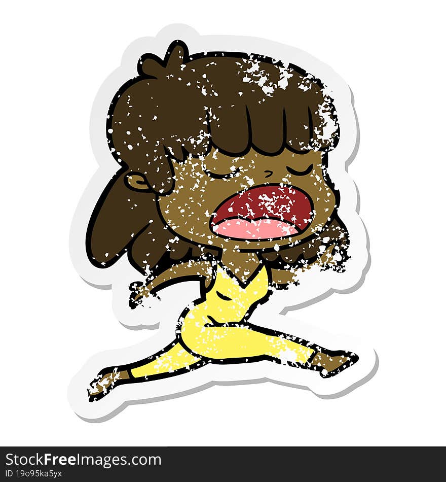 distressed sticker of a cartoon woman talking loudly