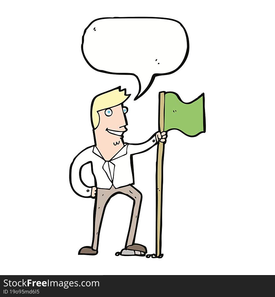 Cartoon Man Planting Flag With Speech Bubble