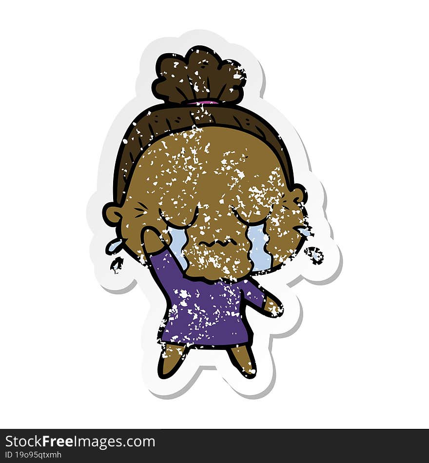 distressed sticker of a cartoon crying old lady