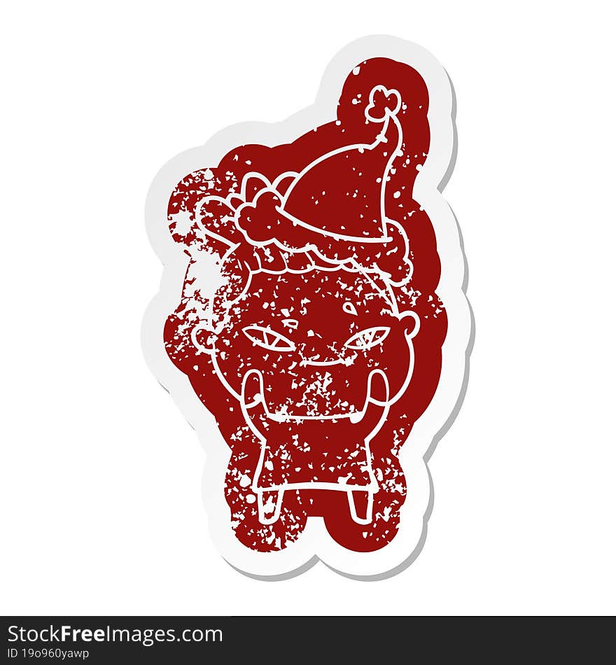 cartoon distressed sticker of a woman wearing santa hat