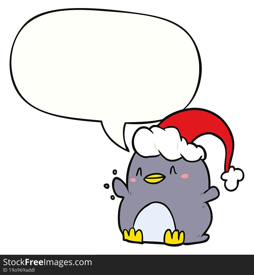 Cartoon Penguin Wearing Christmas Hat And Speech Bubble