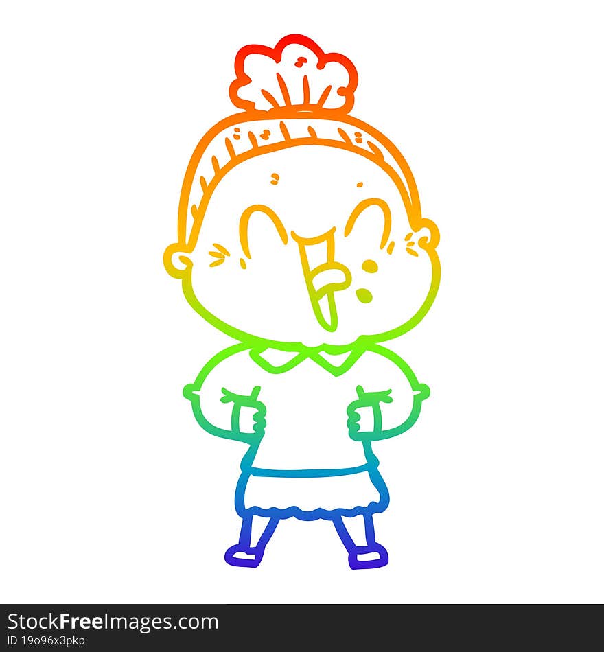 rainbow gradient line drawing of a cartoon happy old woman