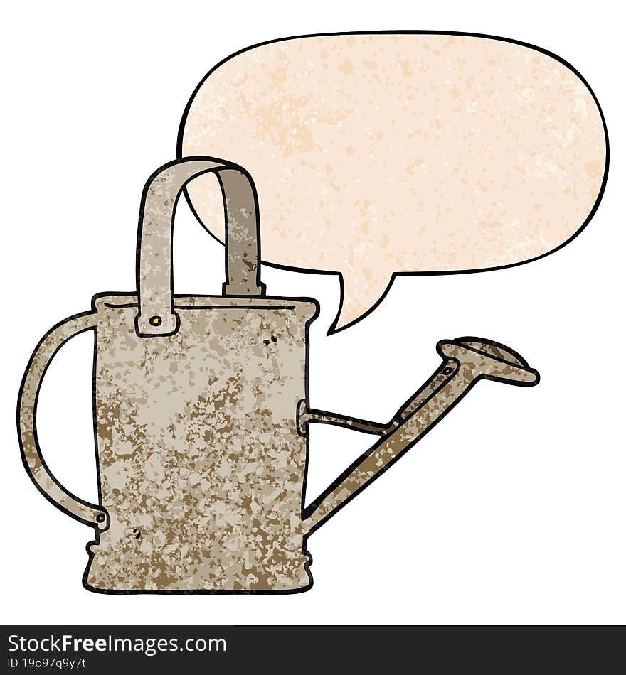 cartoon watering can and speech bubble in retro texture style