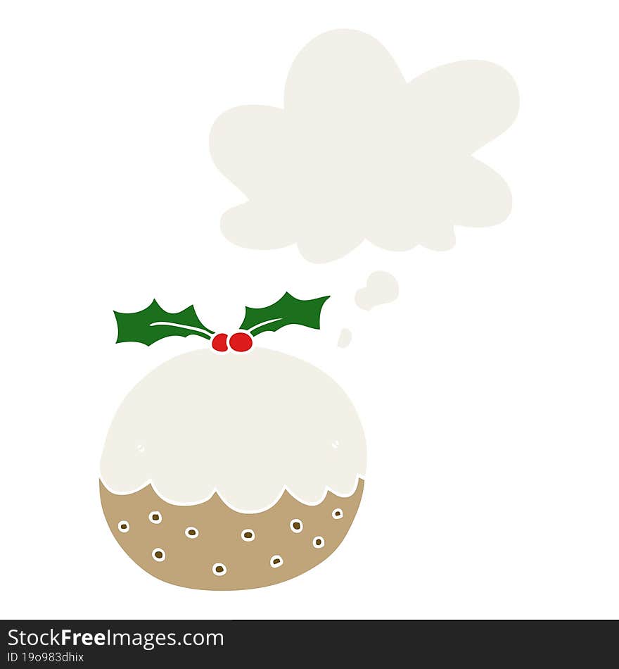 cartoon christmas pudding and thought bubble in retro style