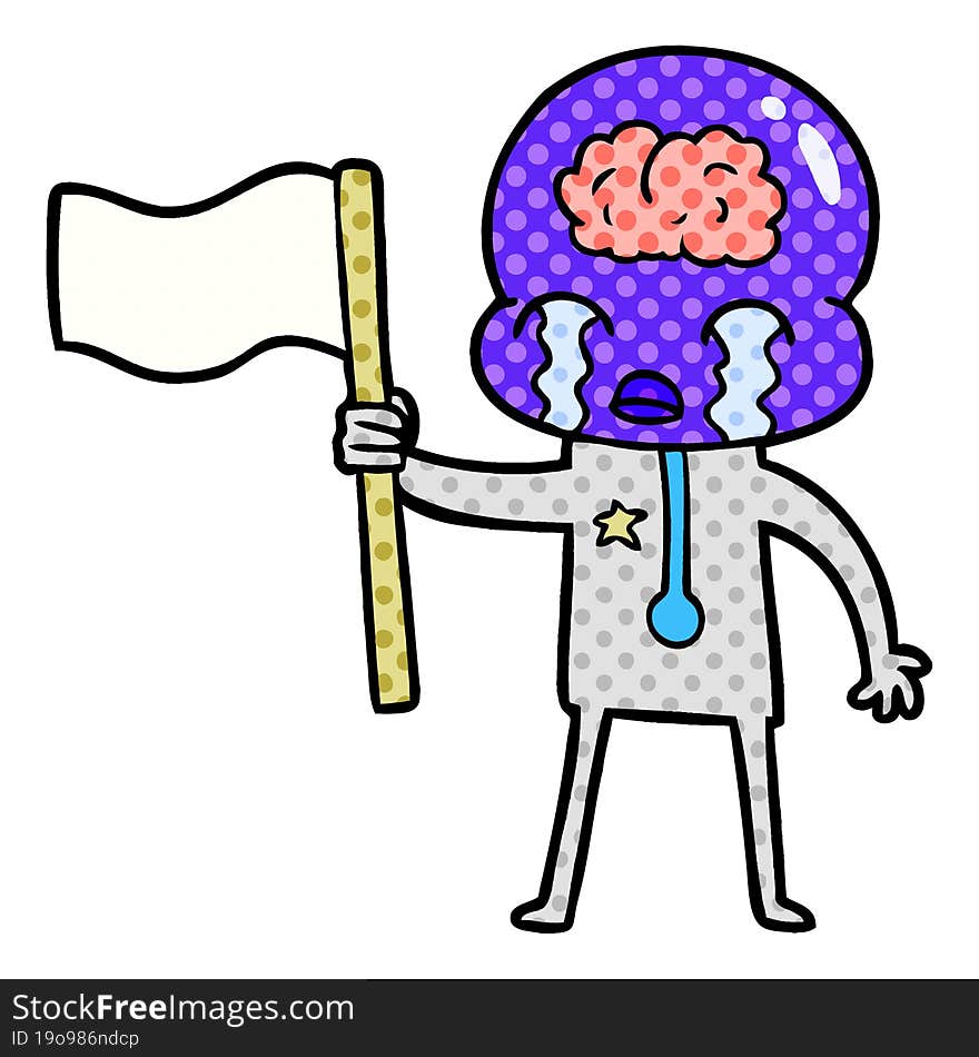 cartoon crying big brain alien waving a flag. cartoon crying big brain alien waving a flag